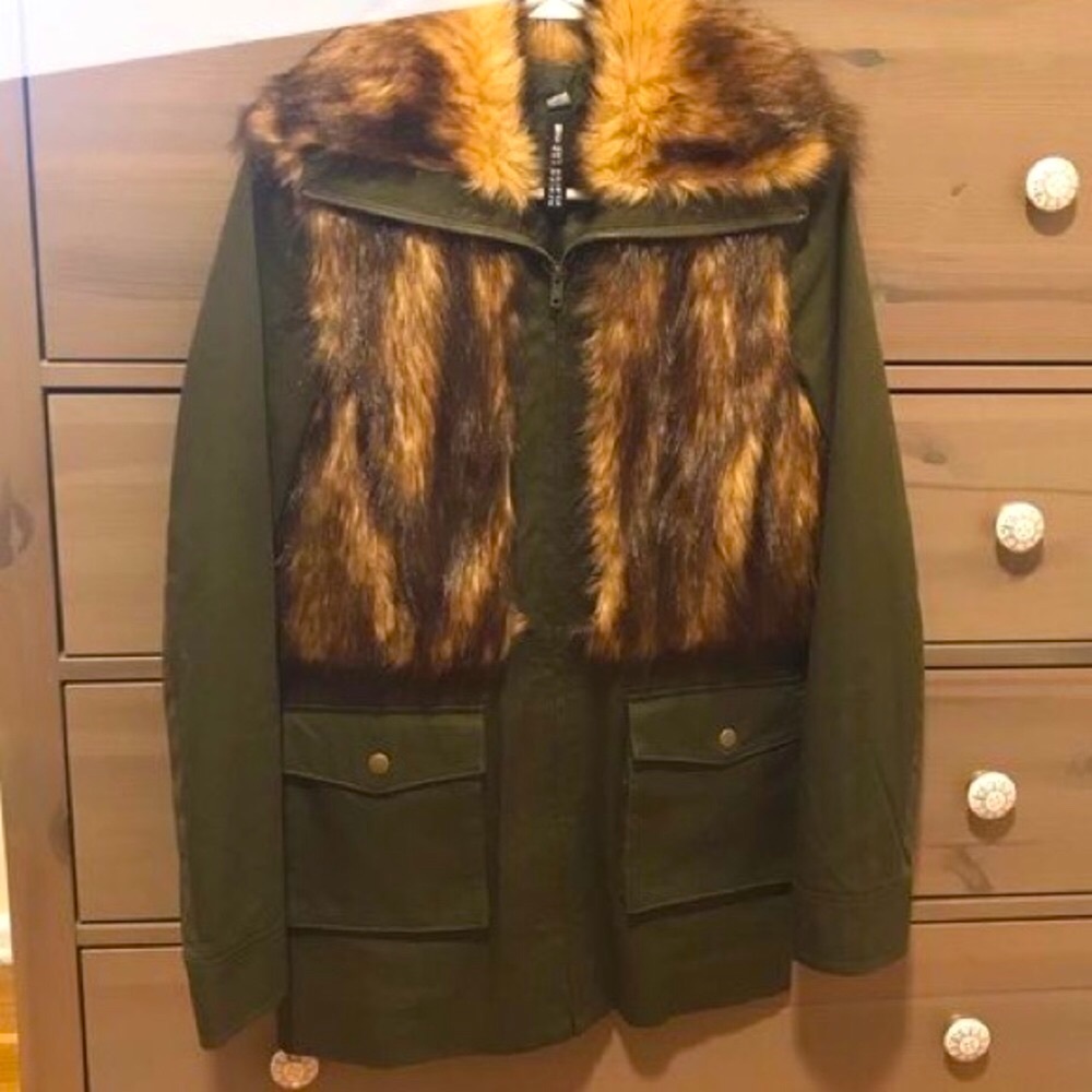 Dark Olive Green Military Style Jacket with Faux Firm Trim!